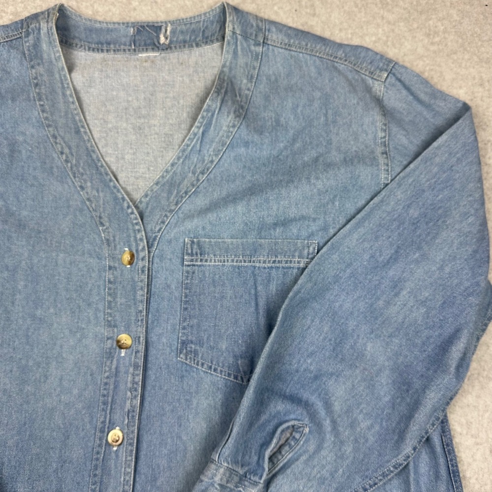 Vtg Light Wash Denim Button Down V Neck Collarless Shirt Blue Large XL